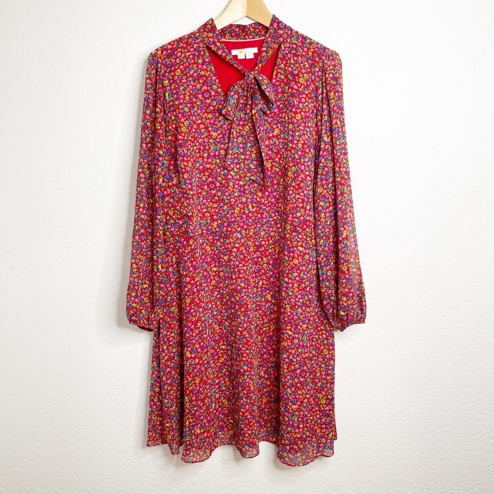 Boden Red Floral Tie Neck Midi Dress Sheer Long Sleeve US 16/18R - Picture 2 of 6